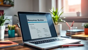 Crafting a standout resume using a Resume Builder on a laptop surrounded by office elements.