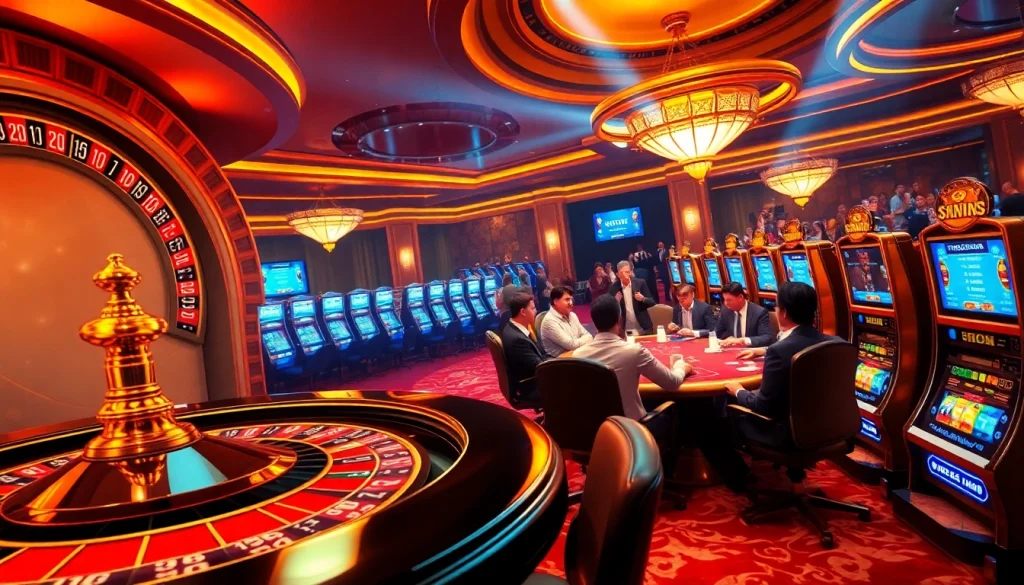 Excited players enjoying SHBET at a luxurious casino with poker chips and roulette wheel.