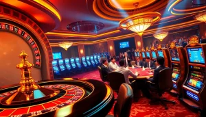 Excited players enjoying SHBET at a luxurious casino with poker chips and roulette wheel.