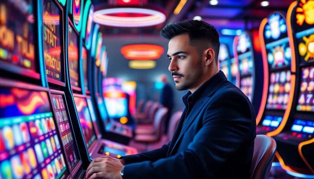Menggambarkan pengalaman bermain walettoto secara online dengan pemain yang fokus di depan mesin slot yang cerah.