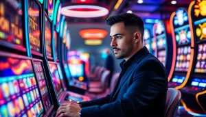 Menggambarkan pengalaman bermain walettoto secara online dengan pemain yang fokus di depan mesin slot yang cerah.
