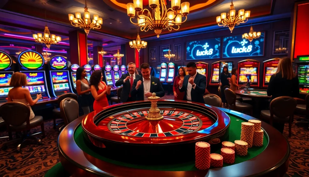 Enthusiastic gamblers at the luck8 roulette table enjoying high-stakes excitement in a luxurious casino setting.