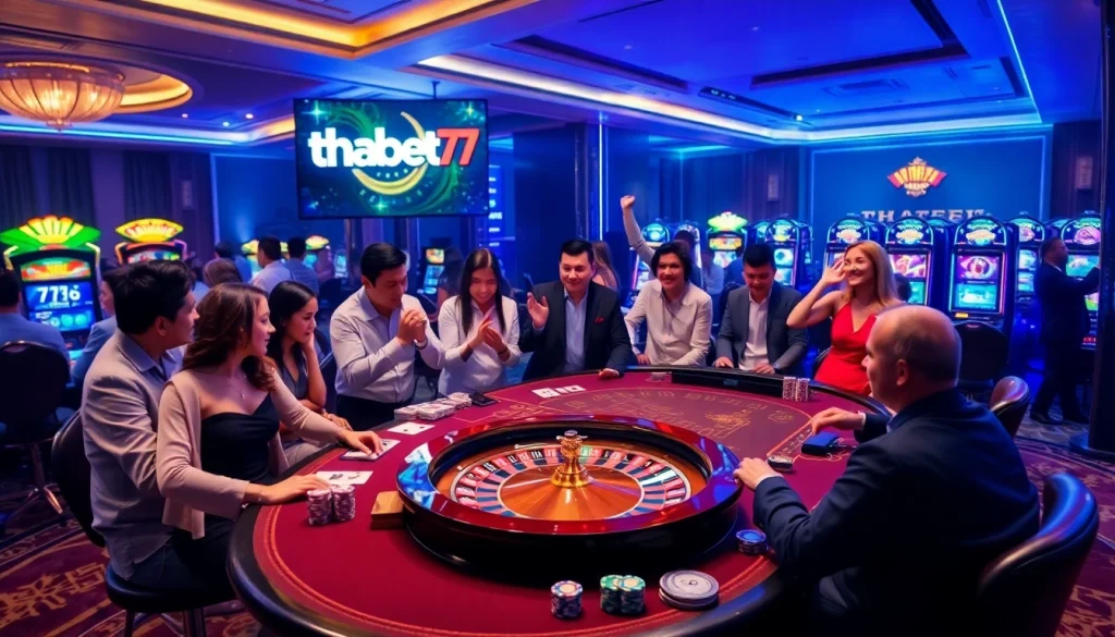 Players enjoying thrilling games at thabet77.sa.com, featuring colorful poker chips and exciting slot machines.