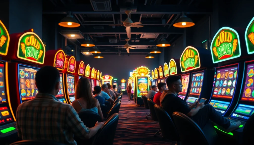 Kode4d slot gaming environment with players joyfully engaging with colorful slot machines and digital interfaces.