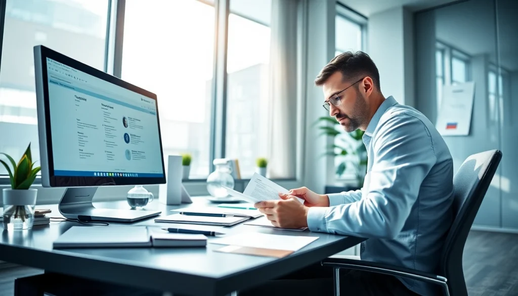 Traducteur professionnel gérant des documents dans un bureau moderne, mettant l'accent sur les services de traduction assermentée en ligne.