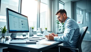 Traducteur professionnel gérant des documents dans un bureau moderne, mettant l'accent sur les services de traduction assermentée en ligne.