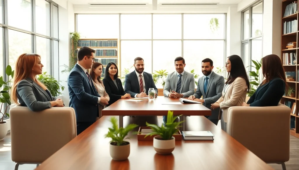 Collaborative team at an environmental law firm discussing legal strategies in a modern office.