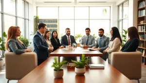 Collaborative team at an environmental law firm discussing legal strategies in a modern office.