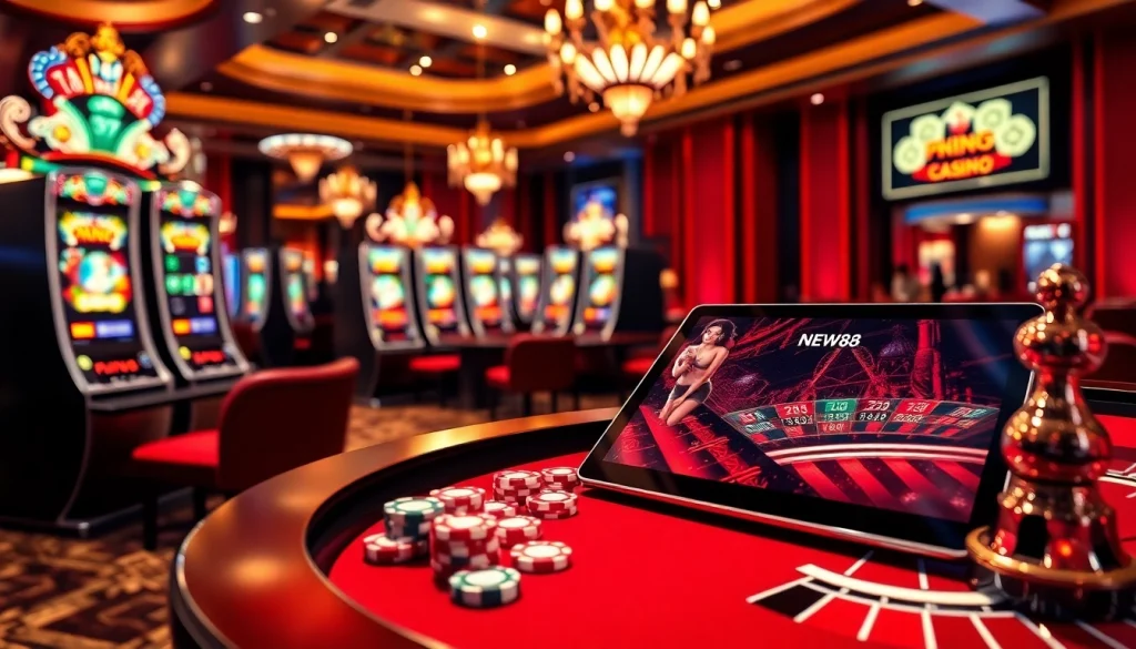 Engaging casino atmosphere featuring eyes on NEW88 digital interface, slot machines, and poker chips.