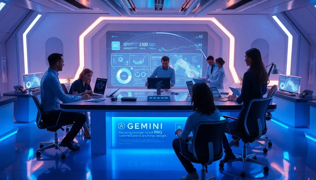 Gemini 3 Pro showcased in a modern workspace with professionals collaborating on AI technology.