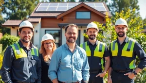 Solar panel company near me installation team in front of a modern home with solar panels.