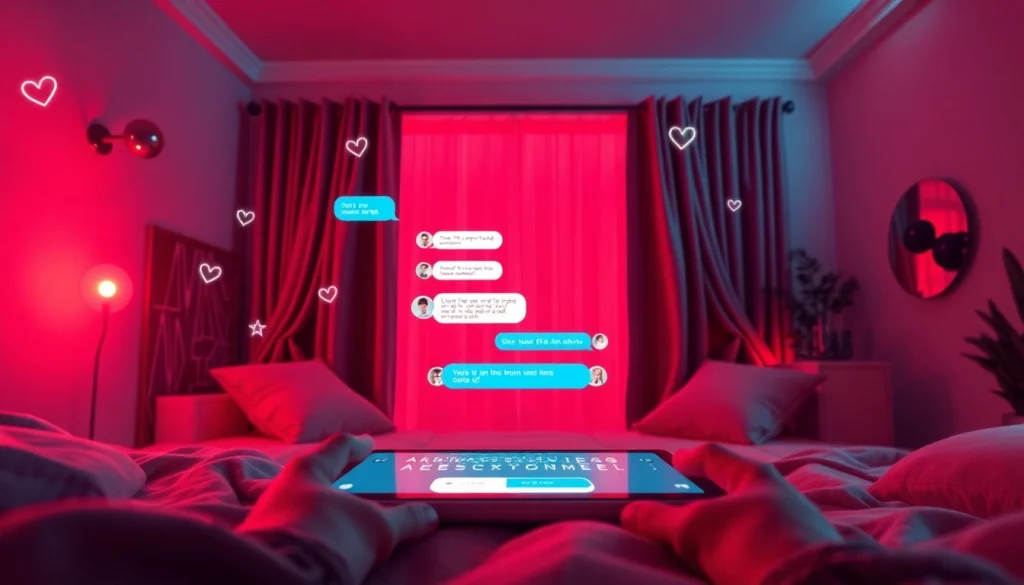 AI sexting chat room setting with intimate lighting and engaging digital interface.