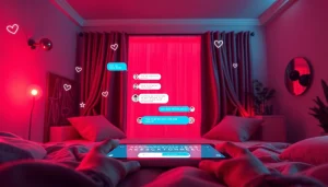 AI sexting chat room setting with intimate lighting and engaging digital interface.