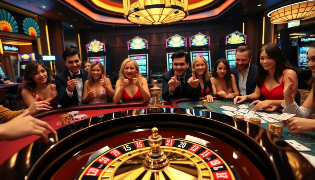 Players enjoying exciting games at Luck8 casino featuring a roulette wheel and poker tables.