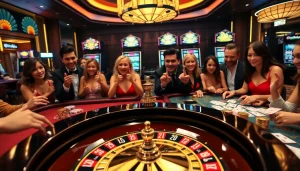 Players enjoying exciting games at Luck8 casino featuring a roulette wheel and poker tables.
