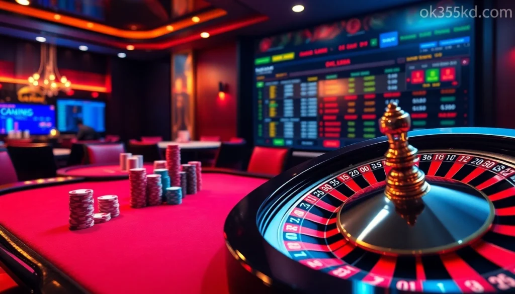 Exciting poker game at OK365KD.COM, showcasing vibrant chips and roulette wheel.