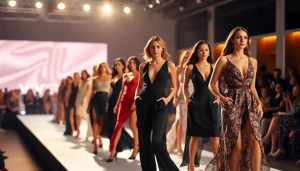 Models showcasing elegant Rivelle fashion at a vibrant runway event, highlighting sophistication and style.