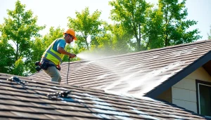 Roof cleaning service in action, showcasing technicians soft washing a residential roof professionally.