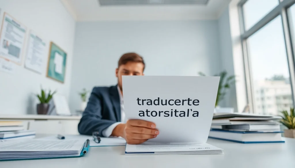 Authorized translation services in a professional office setting, showcasing a translator at work.