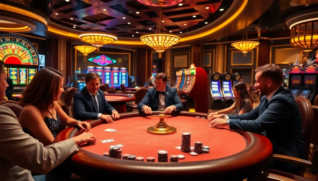 Gamblers enjoying a thrilling poker game at S8 Casino, surrounded by vibrant slot machines and roulette wheel.