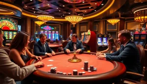 Gamblers enjoying a thrilling poker game at S8 Casino, surrounded by vibrant slot machines and roulette wheel.