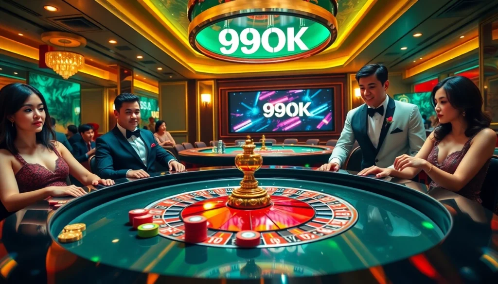 Players enjoying a thrilling game at 99OK casino with vibrant roulette table and chips.