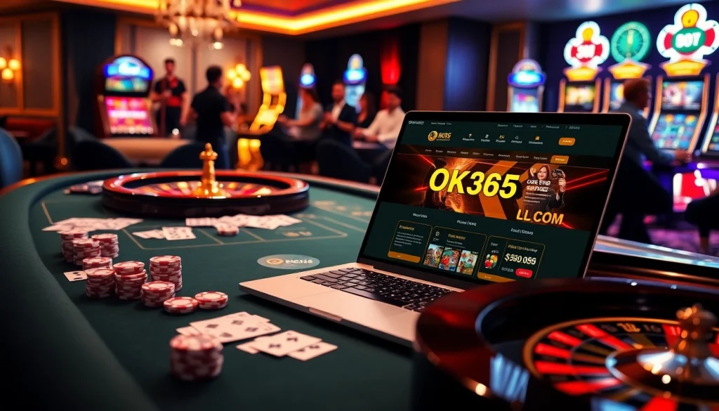 Immerse in an exciting casino world at OK365LV.COM, featuring poker chips and a roulette wheel in an upscale setting.