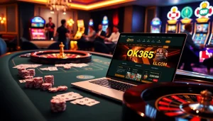 Immerse in an exciting casino world at OK365LV.COM, featuring poker chips and a roulette wheel in an upscale setting.
