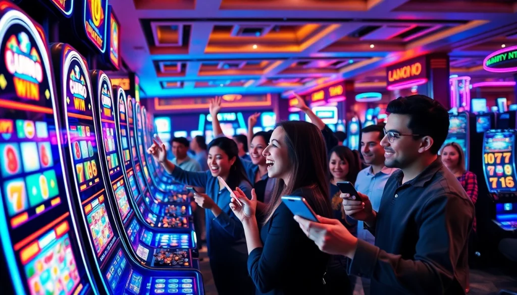 Permainan slot deposit pulsa yang menarik dengan pemain merayakan kemenangan di mesin slot.