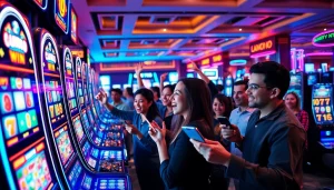 Permainan slot deposit pulsa yang menarik dengan pemain merayakan kemenangan di mesin slot.