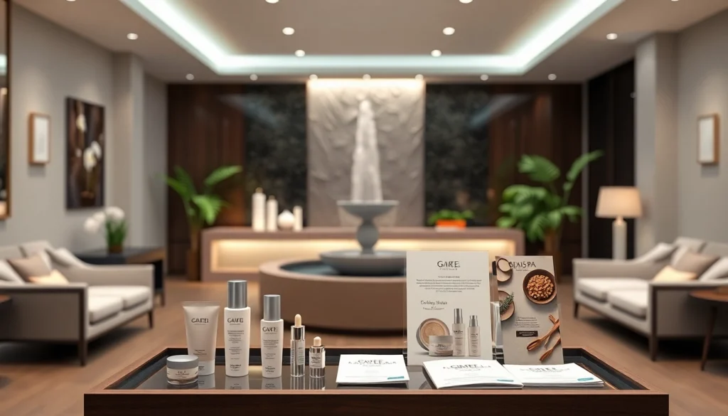 Showcase medspa marketing ideas in a serene spa reception area with promotional displays.
