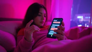 Engaging in AI sexting with a lively digital chat interface and cozy ambiance.