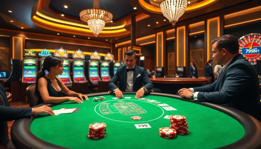 Players enjoying a vibrant poker game at 789BET casino with dazzling gaming tables and slot machines.