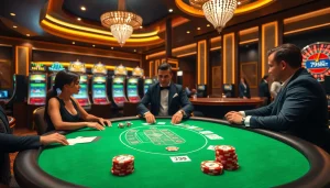 Players enjoying a vibrant poker game at 789BET casino with dazzling gaming tables and slot machines.
