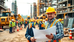 New York Construction Manager leading a team at a busy construction site, showcasing leadership and teamwork.