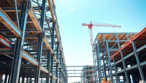 Workers performing structural steel construction on a large frame, showcasing skill and teamwork.