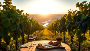 Enjoy wineries in Clarksburg with a beautiful vineyard scene at sunset featuring wine glasses.