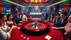Excited players engaging at the KKWIN casino table with vibrant roulette wheel and poker chips.