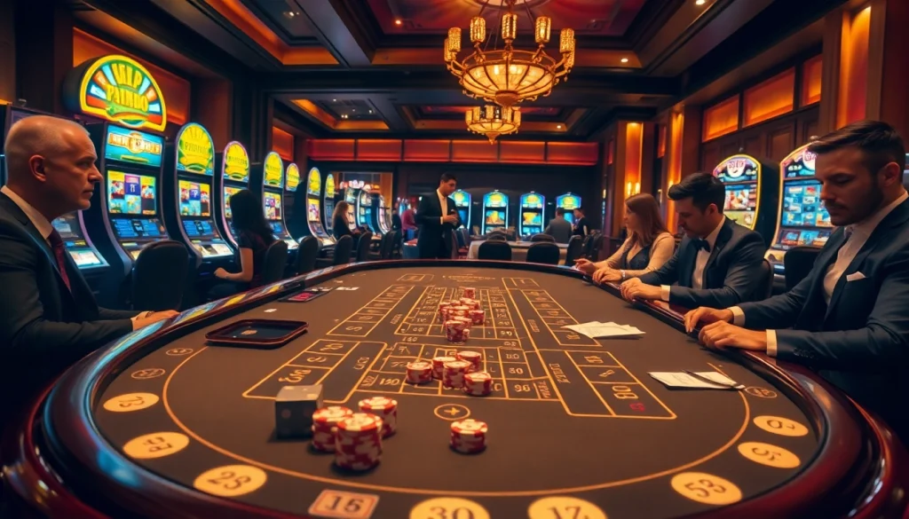 Exciting casino gameplay at RR88, showcasing a craps table and vibrant slot machines for thrilling gambling experiences.