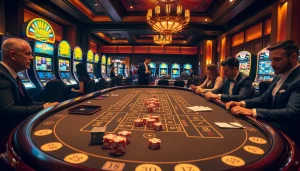 Exciting casino gameplay at RR88, showcasing a craps table and vibrant slot machines for thrilling gambling experiences.