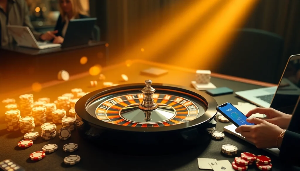 Experience the excitement of betting at the W88 link through a luxurious online casino setup featuring roulette and poker elements.