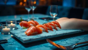 Indulge in body sushi, elegantly presented on a model in a luxurious St. Martin dining experience.