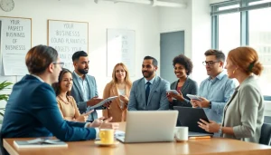 Business coaching service session with a diverse group engaged in discussion.