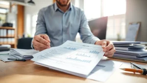 Reviewing DAS 140 form in an organized office with a focus on contractor responsibilities.