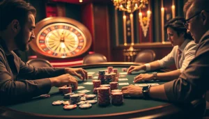 KJC players enjoying an upscale casino experience at a poker table with vibrant chips and cards.