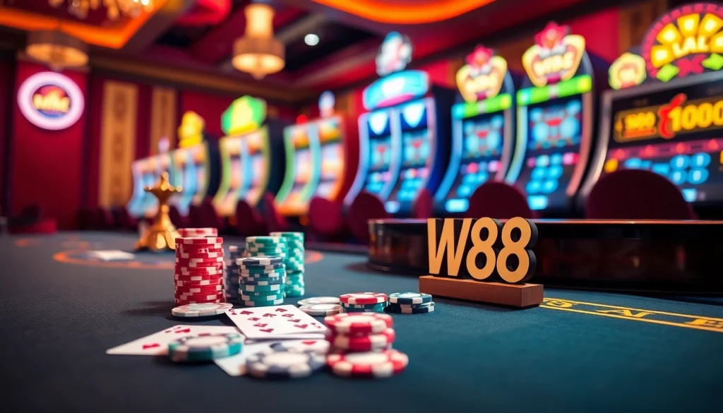 Experience thrill and luxury while playing link to w88, featuring casino tables and vibrant gambling elements.