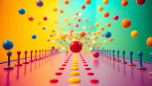 Permainan situs plinko yang menggambarkan bola berwarna cerah jatuh di papan pin.