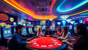 Experience the thrill of gambling at uu88 with players enjoying blackjack in a luxurious casino atmosphere.