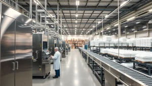 Workers inspecting quality in a sweetener factory showcasing modern equipment and processes.