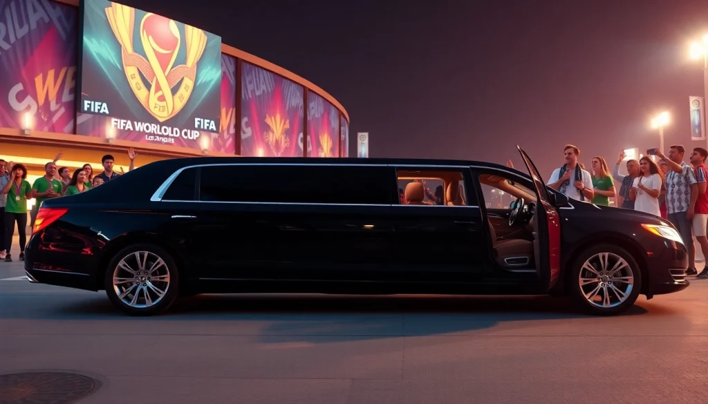 World Cup Group Transportation featuring a luxurious limousine outside a stadium with fans celebrating.